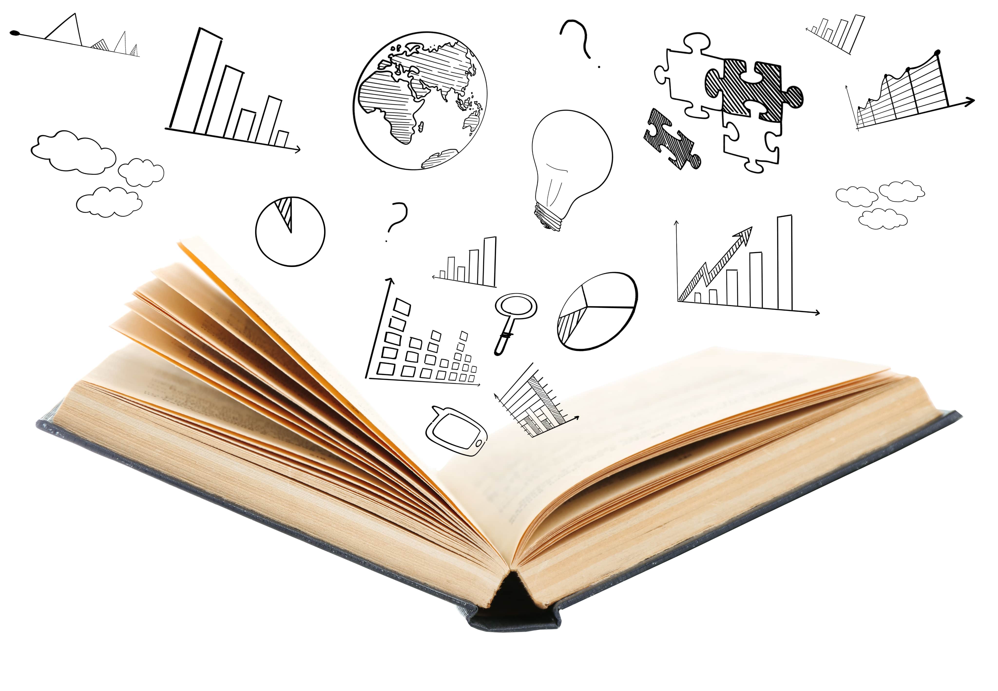 Open book releasing creative storytelling ideas and memory symbols upward.